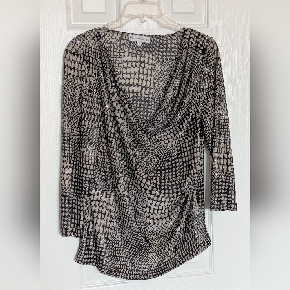 Elegant Women's (Size Large) Black & Tan Cowl Neck Rouched Shimmering Blouse/Top - Picture 1 of 16